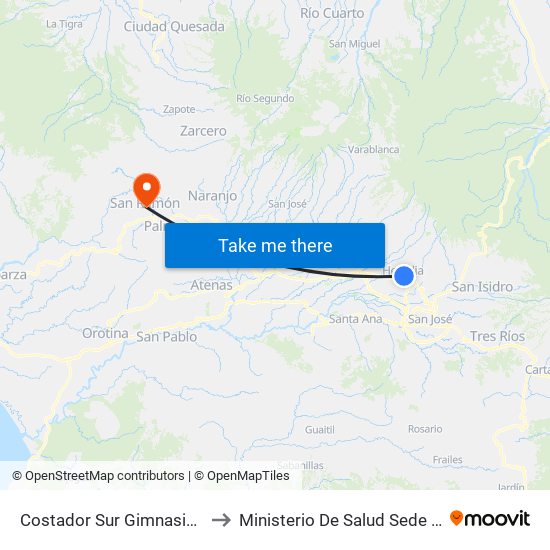 Costador Sur Gimnasio Liceo De Heredia to Ministerio De Salud Sede Rectora San Ramón map