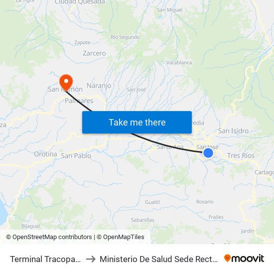 Terminal Tracopa San José to Ministerio De Salud Sede Rectora San Ramón map