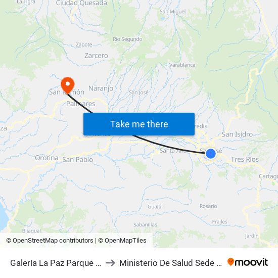 Galería La Paz Parque Central, San José to Ministerio De Salud Sede Rectora San Ramón map