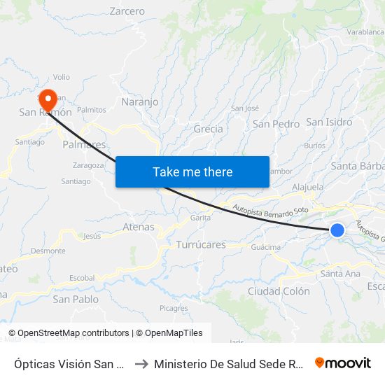 Ópticas Visión San Antonio, Belén to Ministerio De Salud Sede Rectora San Ramón map