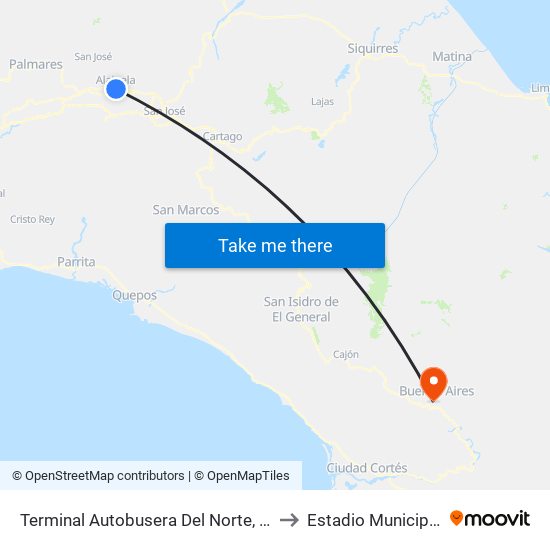 Terminal Autobusera Del Norte, Radial Francisco J. Orlich Alajuela to Estadio Municipal De Buenos Aires map