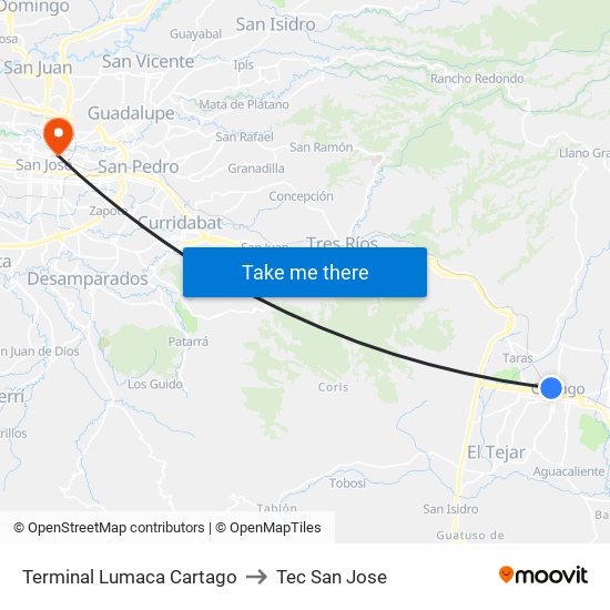 Terminal Lumaca Cartago to Tec San Jose map