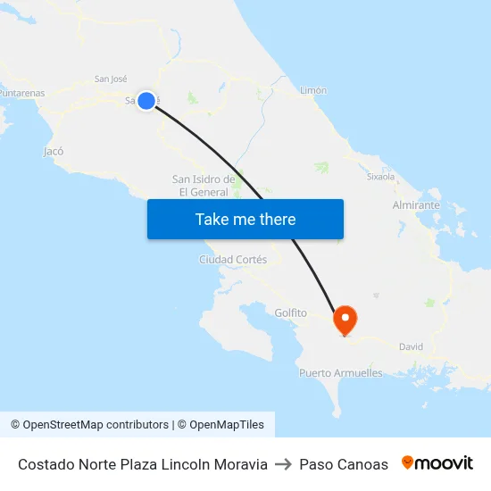Costado Norte Plaza Lincoln Moravia to Paso Canoas map