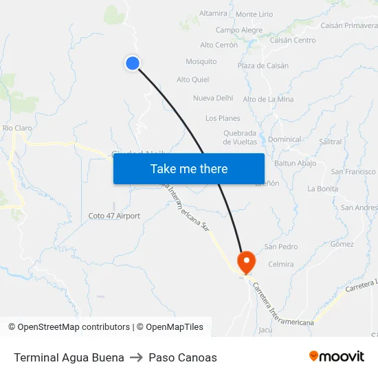 Terminal Agua Buena to Paso Canoas map