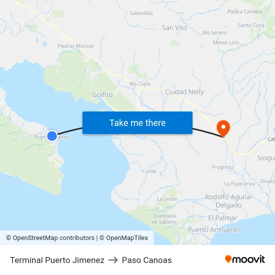 Terminal Puerto Jimenez to Paso Canoas map