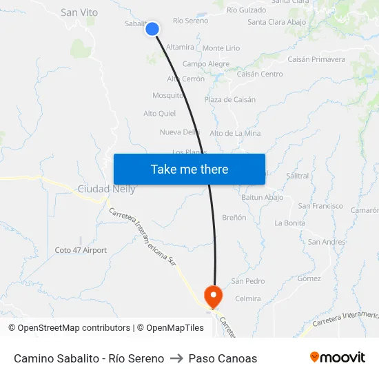 Camino Sabalito - Río Sereno to Paso Canoas map