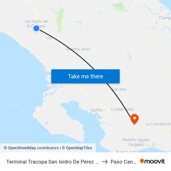 Terminal Tracopa San Isidro De Pérez Zeledón to Paso Canoas map