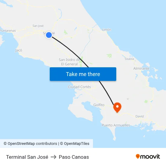 Terminal San José to Paso Canoas map