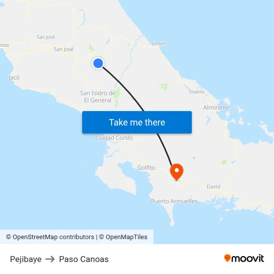 Pejibaye to Paso Canoas map
