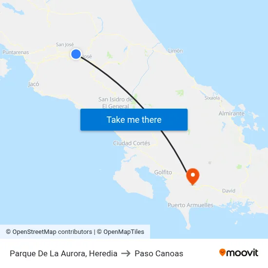 Parque De La Aurora, Heredia to Paso Canoas map