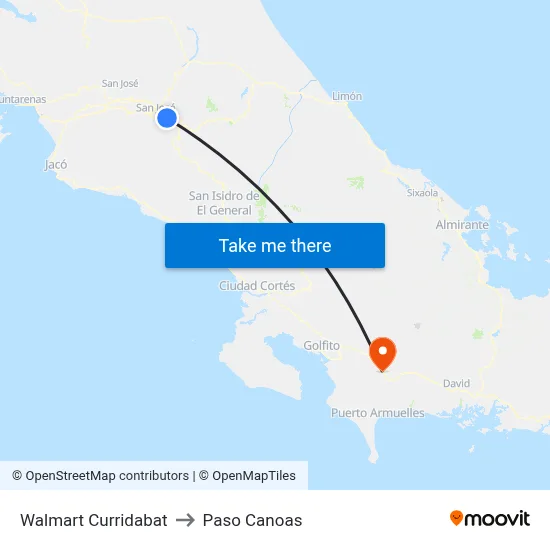 Walmart Curridabat to Paso Canoas map