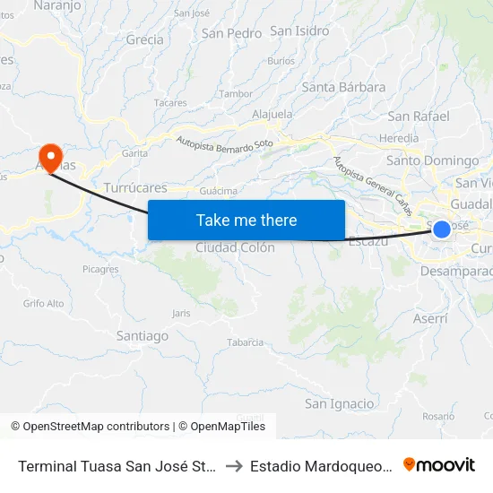 Terminal Tuasa San José Station Wagon to Estadio Mardoqueo González map