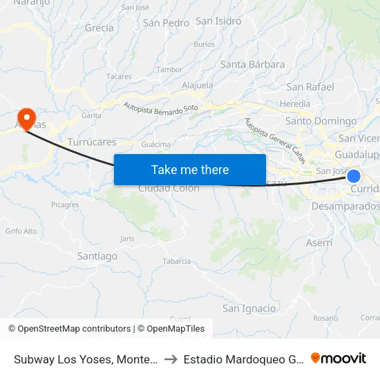 Subway Los Yoses, Montes De Oca to Estadio Mardoqueo González map
