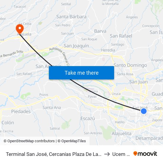 Terminal San José, Cercanías Plaza De Las Garantías Sociales La Soledad to Ucem Alajuela map