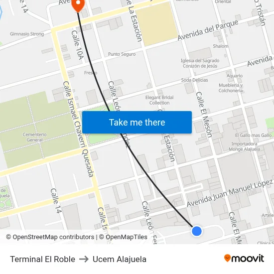Terminal El Roble to Ucem Alajuela map