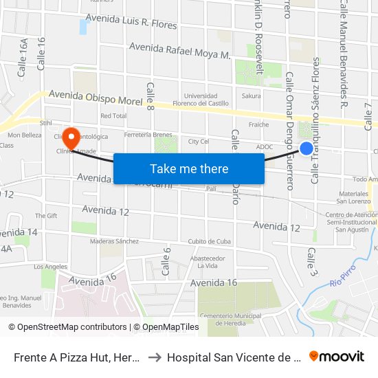 Frente A Pizza Hut, Heredia to Hospital San Vicente de Paul map