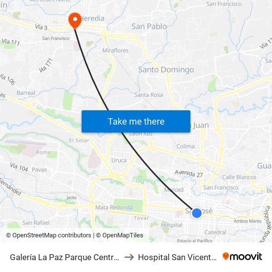 Galería La Paz Parque Central, San José to Hospital San Vicente de Paul map