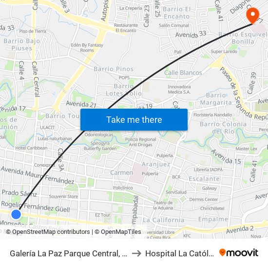 Galería La Paz Parque Central, San José to Hospital La Católica-UR map