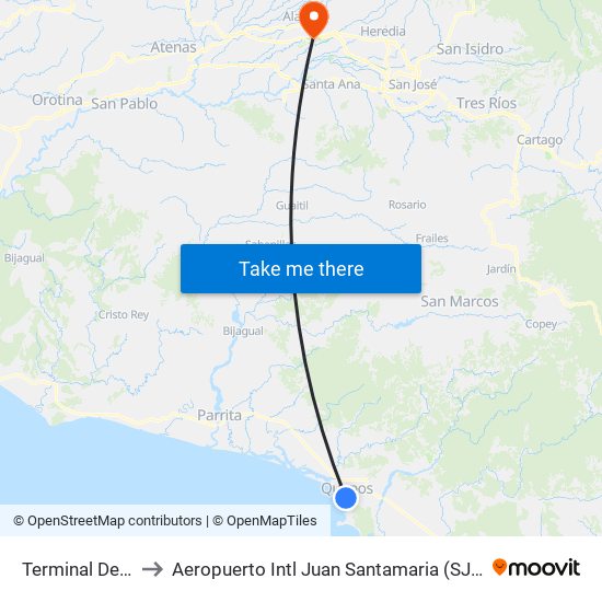 Terminal De Buses Quepos to Aeropuerto Intl Juan Santamaria (SJO) (Aeropuerto Internacional San José) map