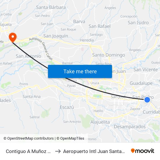 Contiguo A Muñoz Y Nanne, San Pedro Montes De Oca to Aeropuerto Intl Juan Santamaria (SJO) (Aeropuerto Internacional San José) map