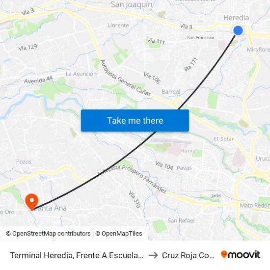 Terminal Heredia, Frente A Escuela Braulio Morales to Cruz Roja Costa Rica map