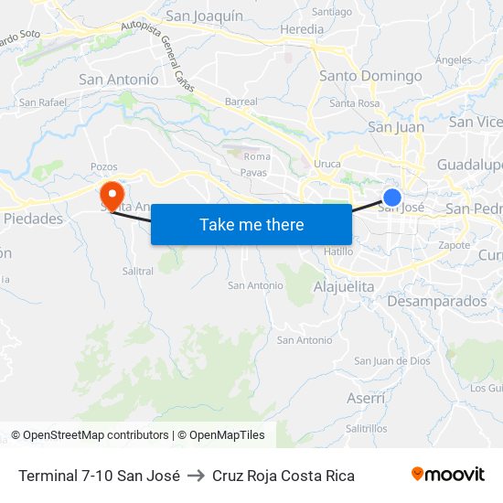 Terminal 7-10 San José to Cruz Roja Costa Rica map