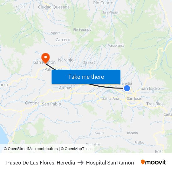 Paseo De Las Flores, Heredia to Hospital San Ramón map