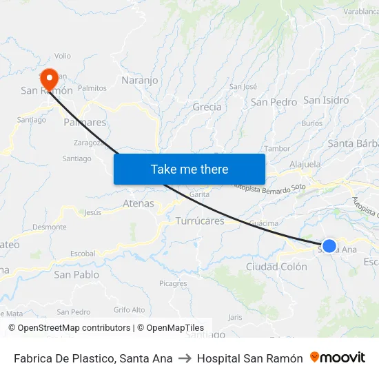 Fabrica De Plastico, Santa Ana to Hospital San Ramón map