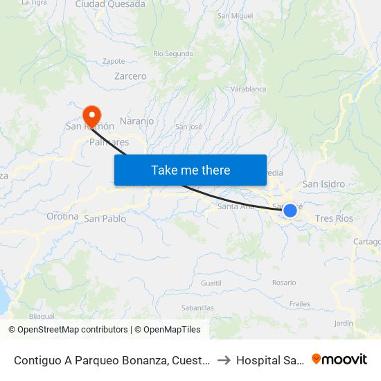 Contiguo A Parqueo Bonanza, Cuesta De Moras San José to Hospital San Ramón map
