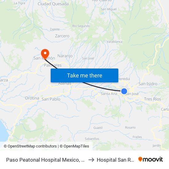 Paso Peatonal Hospital Mexico, San José to Hospital San Ramón map