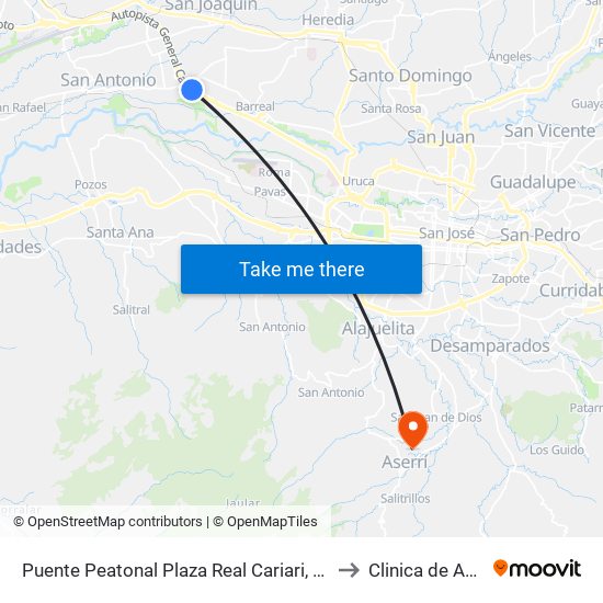 Puente Peatonal Plaza Real Cariari, Heredia to Clinica de Aserri map