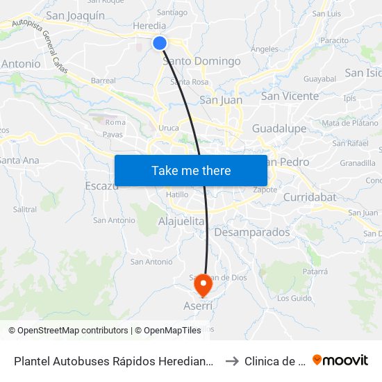 Plantel Autobuses Rápidos Heredianos, Pirro Heredia to Clinica de Aserri map