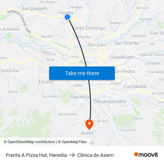 Frente A Pizza Hut, Heredia to Clinica de Aserri map