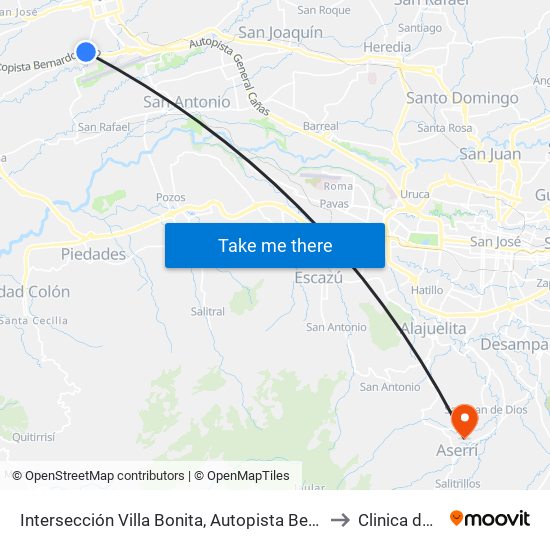 Intersección Villa Bonita, Autopista Bernardo Soto Alajuela to Clinica de Aserri map
