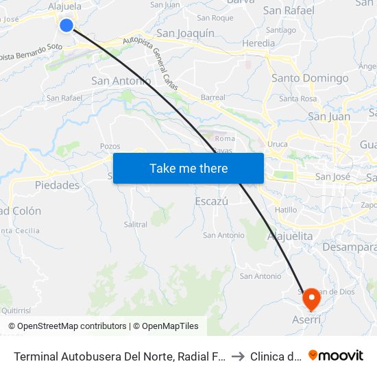 Terminal Autobusera Del Norte, Radial Francisco J. Orlich Alajuela to Clinica de Aserri map