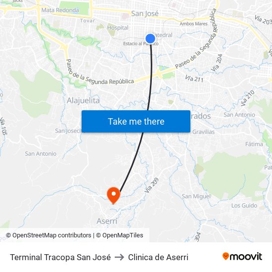 Terminal Tracopa San José to Clinica de Aserri map