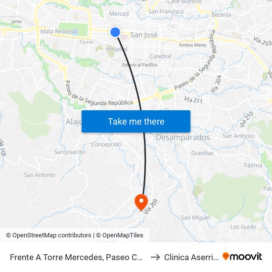 Frente A Torre Mercedes, Paseo Colón San José to Clinica Aserri CCSS map
