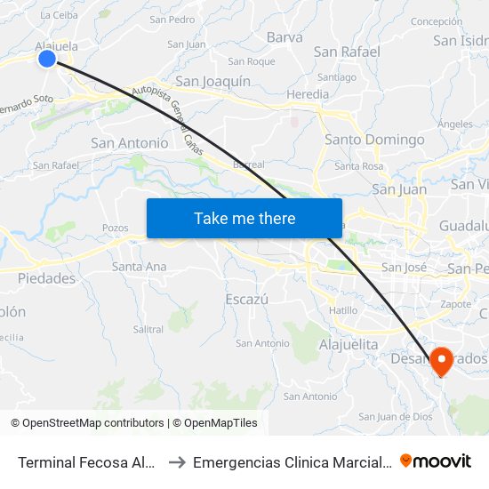 Terminal Fecosa Alajuela to Emergencias Clinica Marcial Fallas map