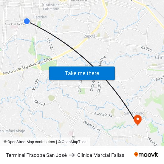 Terminal Tracopa San José to Clínica Marcial Fallas map