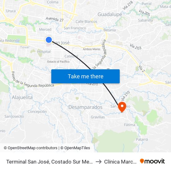 Terminal San José, Costado Sur Mercado La Coca Cola to Clínica Marcial Fallas map