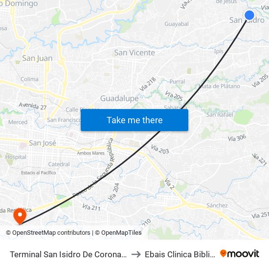 Terminal San Isidro De Coronado to Ebais Clinica Biblica map