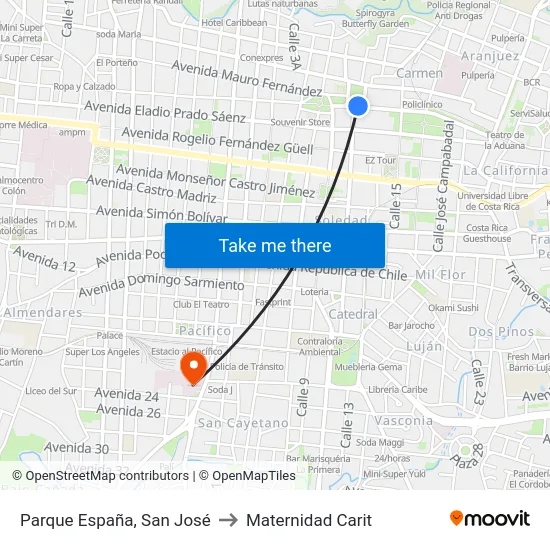 Frente Al Parque España, San José to Maternidad Carit map