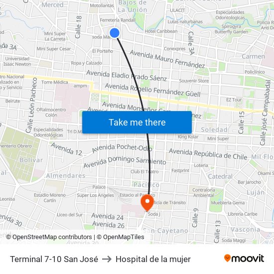 Terminal 7-10 San José to Hospital de la mujer map