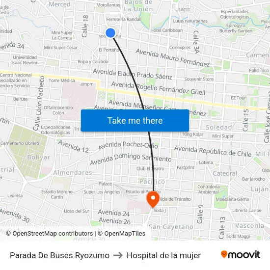 Parada De Buses Ryozumo to Hospital de la mujer map