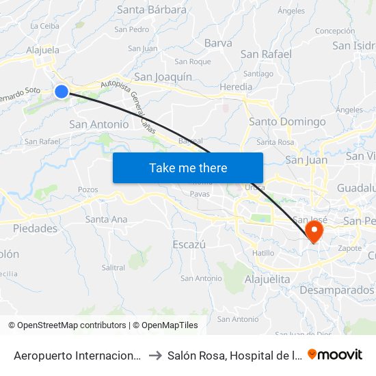 Aeropuerto Internacional Juan Santamaría, Alajuela to Salón Rosa, Hospital de las mujeres Dr. Adolfo CARIT map