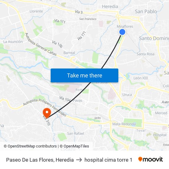 Paseo De Las Flores, Heredia to hospital cima torre 1 map
