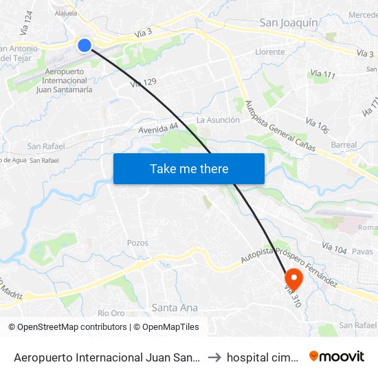 Aeropuerto Internacional Juan Santamaría, Alajuela to hospital cima torre 1 map