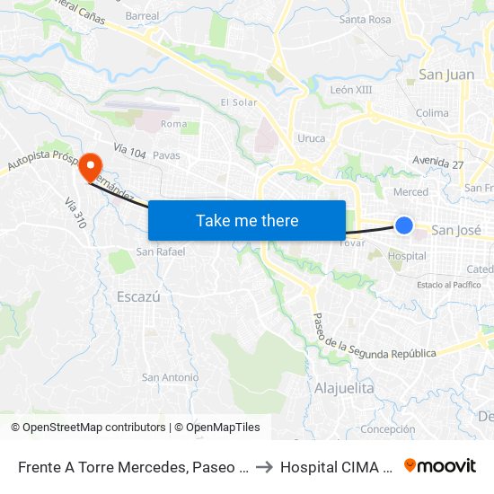 Frente A Torre Mercedes, Paseo Colón San José to Hospital CIMA San Jose map