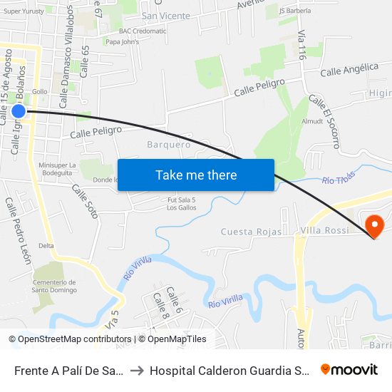 Frente A Palí De Santo Domingo to Hospital Calderon Guardia Sala De Operaciones map