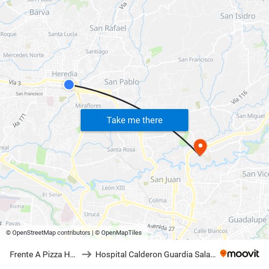 Frente A Pizza Hut, Heredia to Hospital Calderon Guardia Sala De Operaciones map